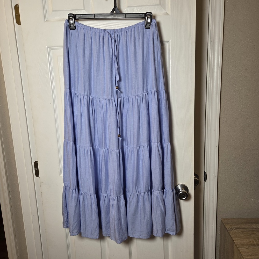 Cali 1850 M tier linen blend maxi skirt elastic waist pullon casual boho peasant